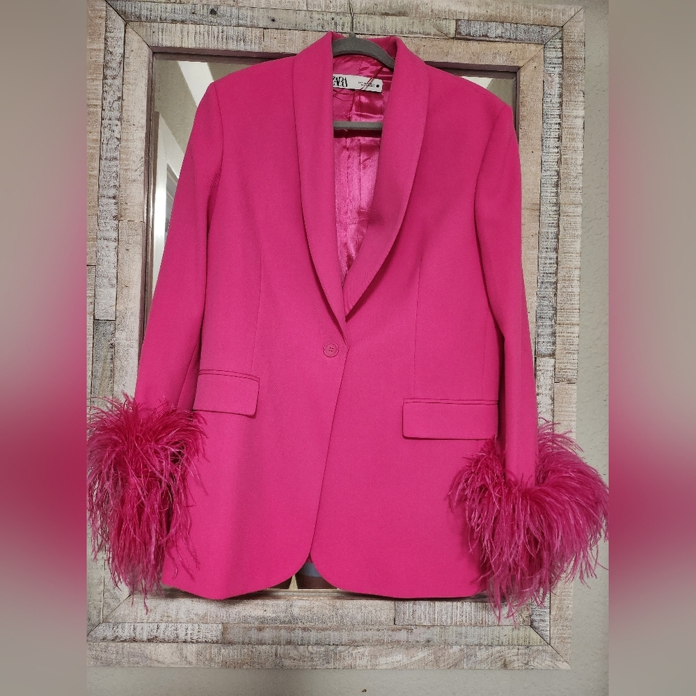 NWOT Zara Pink Feather Cuff Blazer - Picture 2 of 7